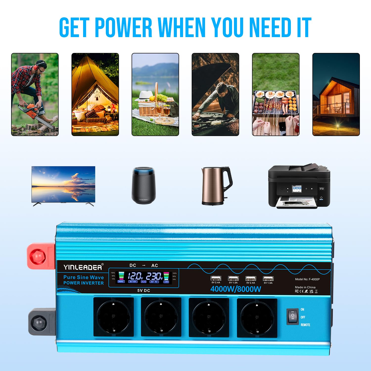 Yinleader Inversor de Corriente Onda Sinusoidal Pura 4000W /8000W 12V 220V Convertidor de 3 sockets y 4 USB LCD (con Mando a Distancia)