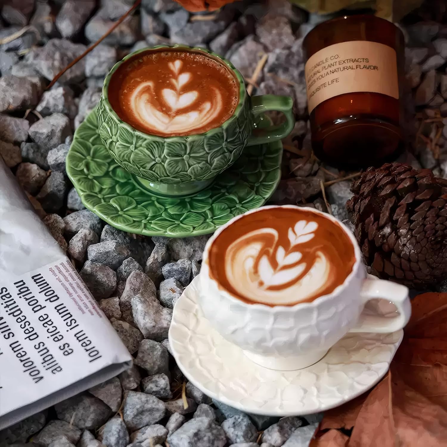 KAMMAK Tea Cups and Saucers Set of 2, Porcelain Coffee Cups, 8.5-Ounce Stackable Espresso Mugs, Ceramic Demitasse for Coffee, Latte, Americano, Tea, Green Flower - Image 6