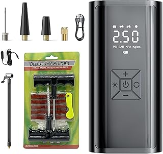 Pompe à air électrique Compresseur d’air Portable avec kit de réparation de pneus 150PSI 12V 4500mAh Pompe à Pneu Rechargeable pour Voiture, Moto, vélo électrique, vélos, balles
