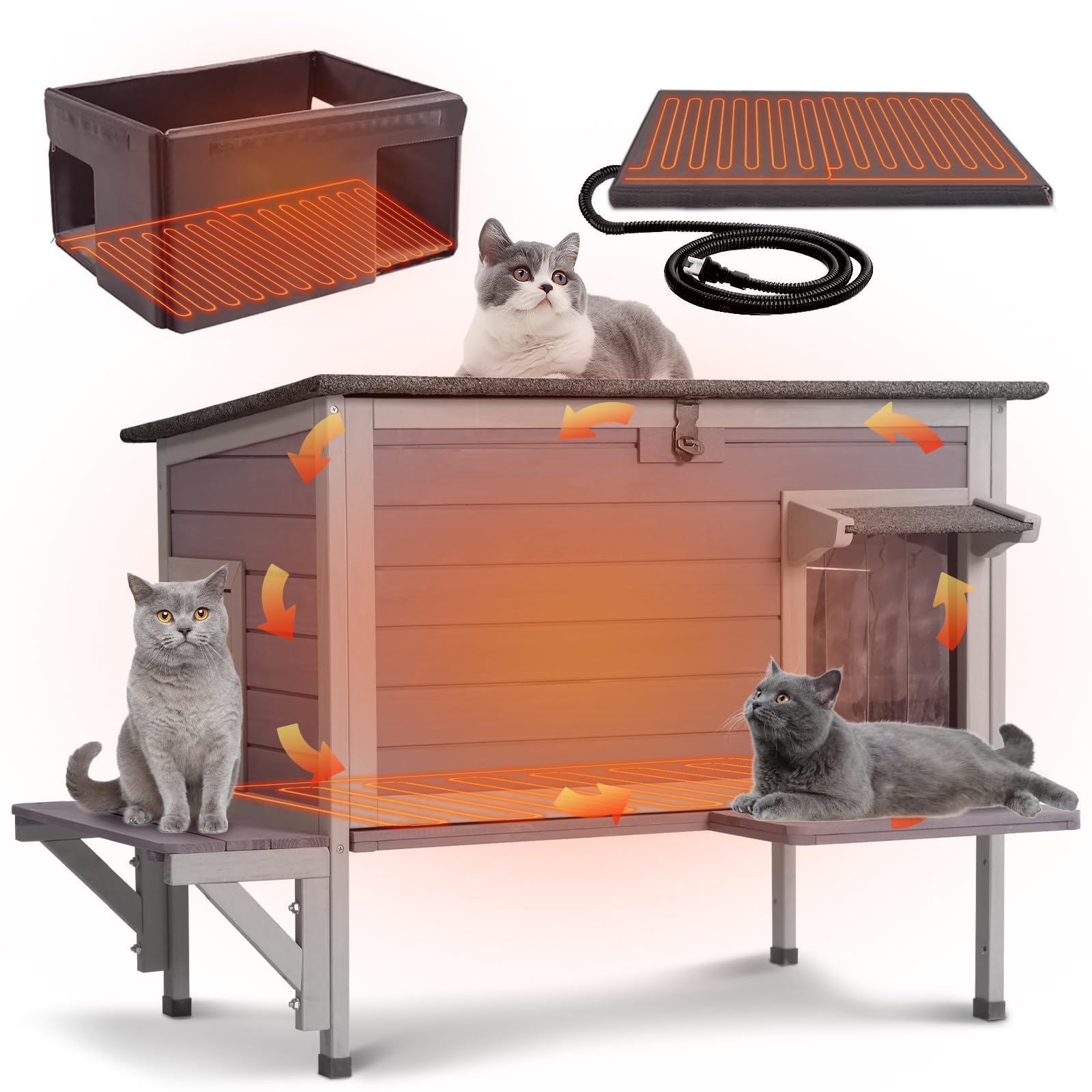 GUTINNEEN Large Heated Cat House Outdoor Insulated Cat House Weatherproof Feral Cat Shelter with Thermostat-Controlled Heating Pad, 6-Sided Thermal Liner for 1-4 Feral Stray Barn Cats, 33.5" L