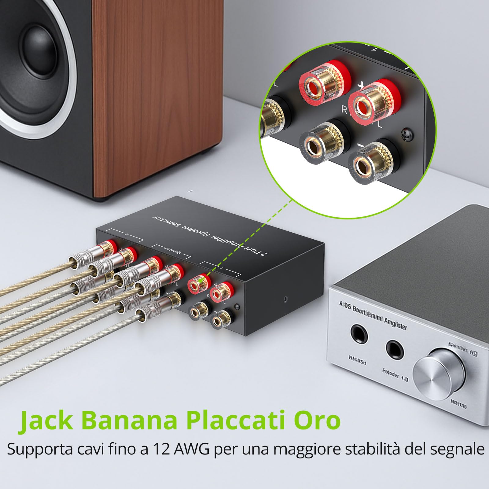 LiNKFOR Commuttatore Audio Bidirezionale a Banana Placcate Oro per Amplificatore e Casse Selettore Altoparlanti 100W RMS con Switch A/B 2(1)-IN-1(2)-OUT Senza Alimentazione per Hi-Fi, Home Cinema