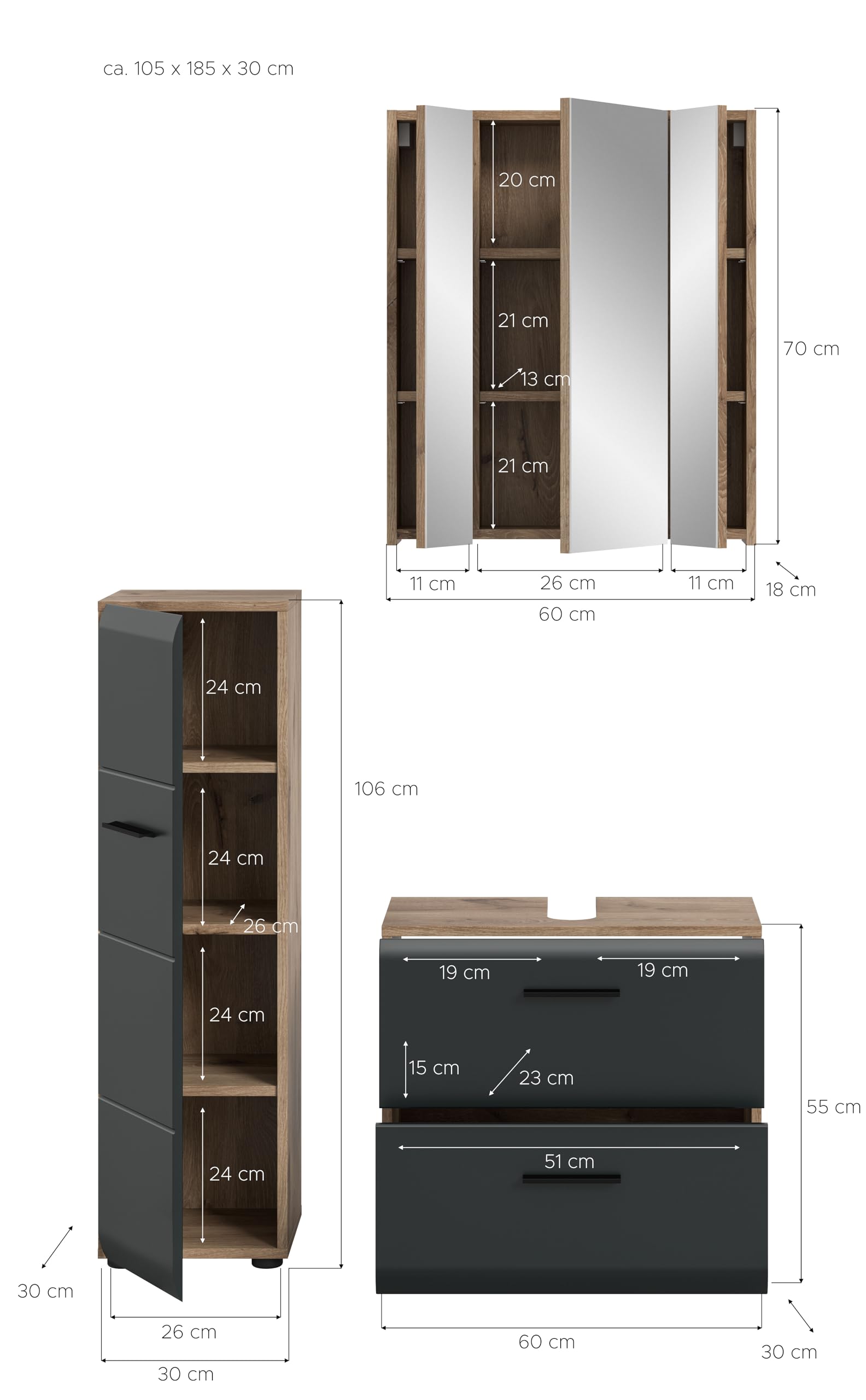 xonox.home – 3 TLG. Badezimmerkombination Ice 105x185x30 cm in Korpus Nox Oak Nachbildung und Front schwarz matt – Hochwertige Badmöbel-Kombi – modern – Bild 4