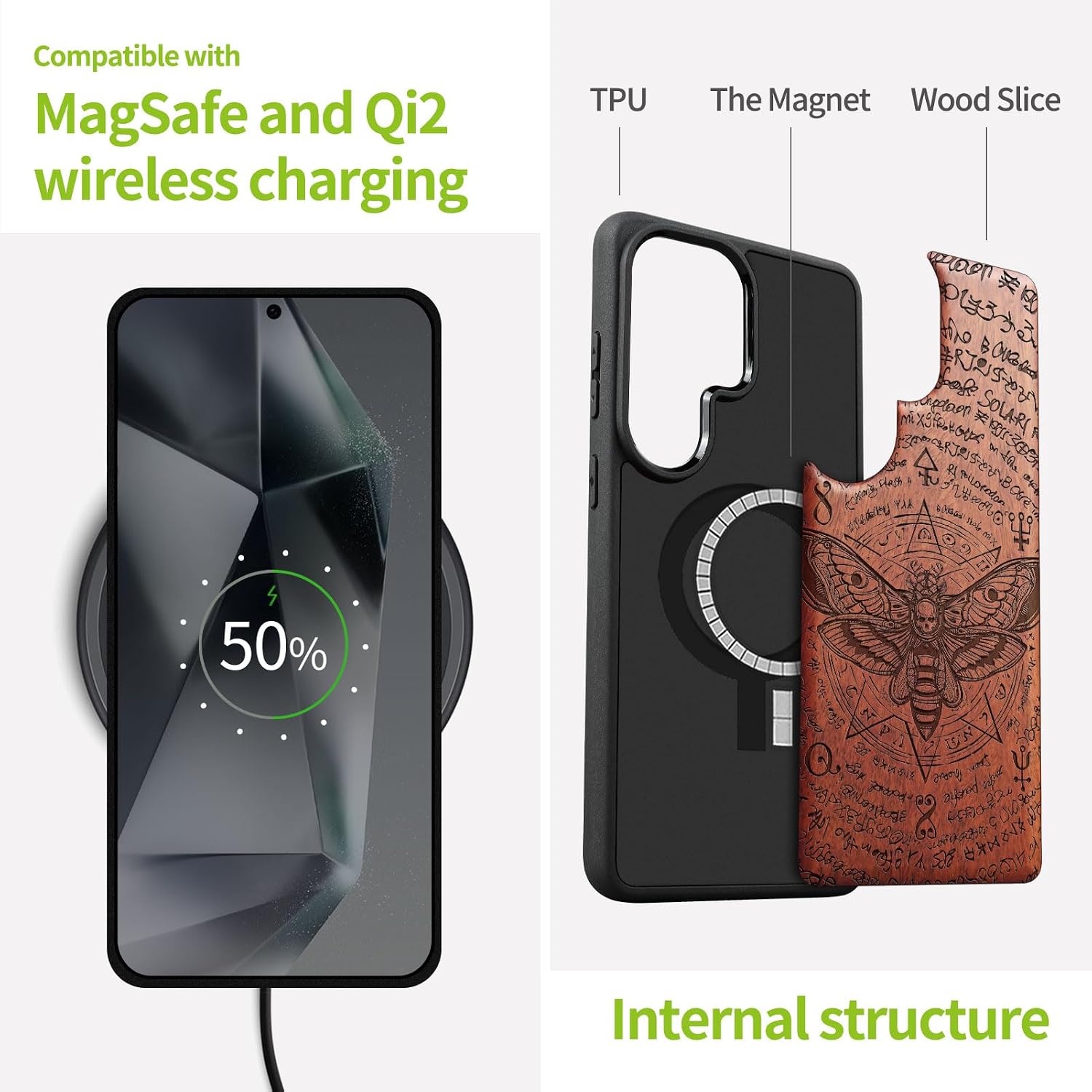 Carveit Magnetic Wooden Case for Samsung Galaxy S26 Ultra Case 2026, TPU Shockproof Cover & Wood Artisan Engraved, Compatible with MagSafe Wireless Chargers (Death's Head Moth) Rosy