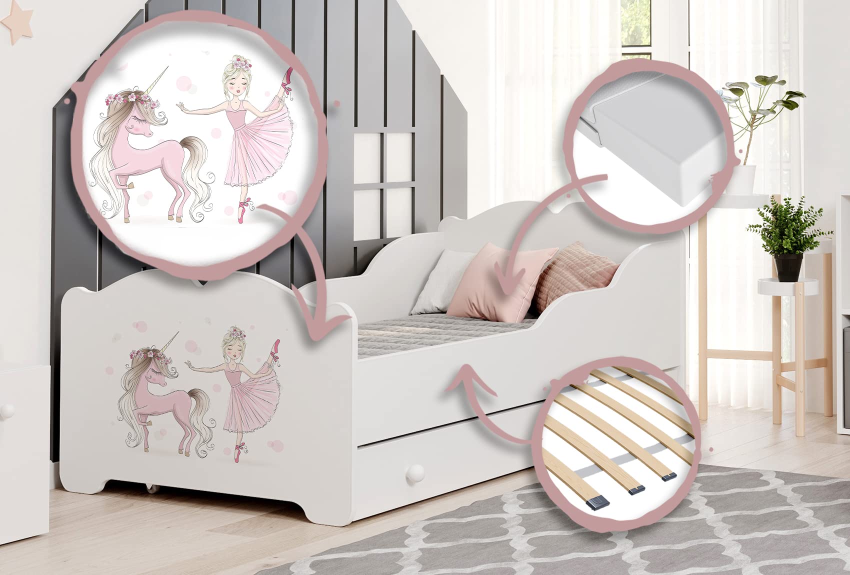 KOBI Lit Enfant Anna Blanc avec Licorne Rose et Ballerine | avec Rangement é Tiroir | 160x80 cm | Lit Petite Fille Lits pour Enfants | avec Un Matelas et Un Cadre | la Chambre Bebe