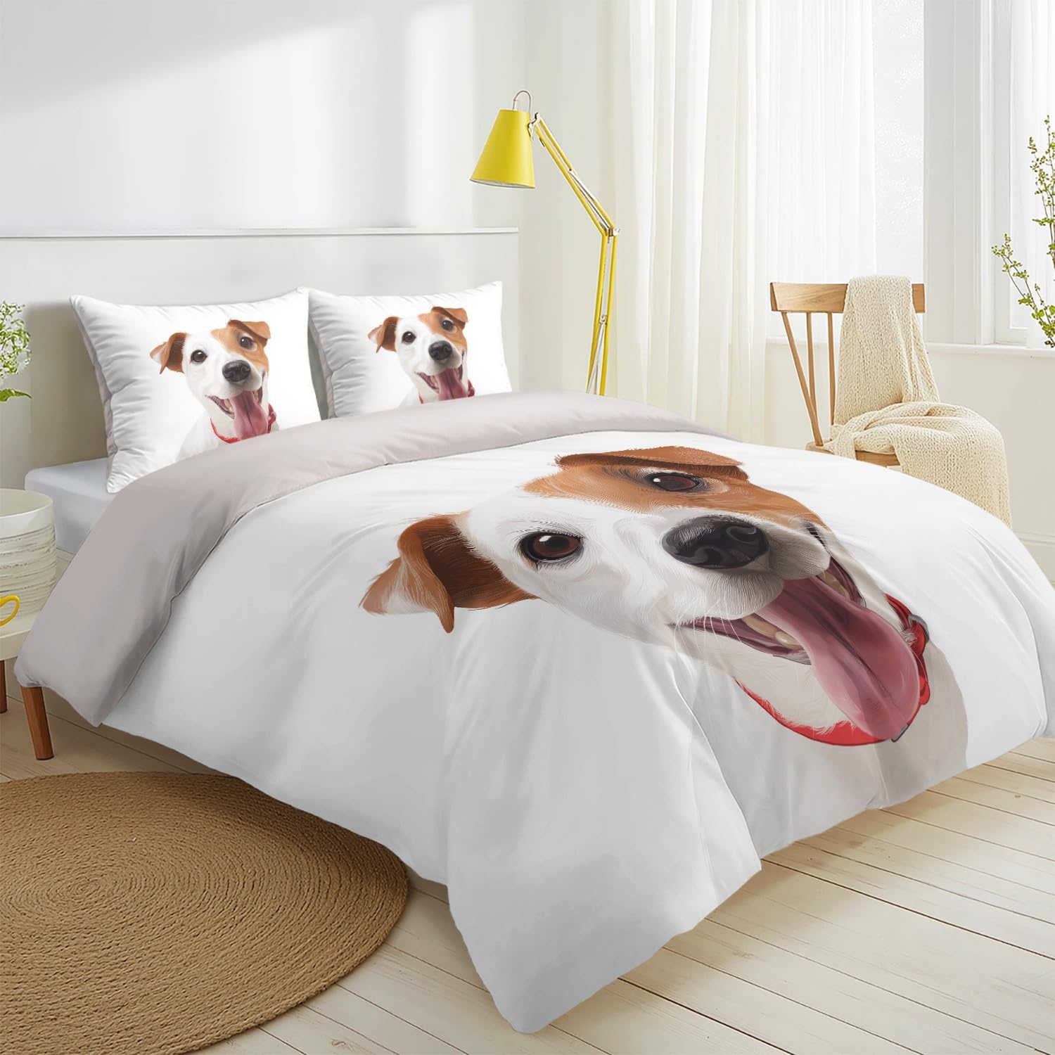 Générique 3-częściowy komplet pościeli 180 x 220 cm, słodki uśmiech pies, biała poszwa na kołdrę z poszewkami na poduszki dla miłośników zwierząt, komplet pościeli z mikrofibry