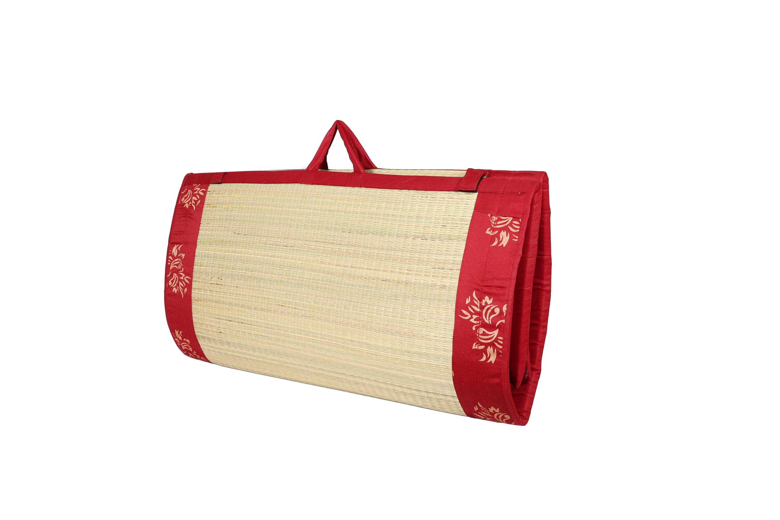 CRAFT OF INDIA Foldable Mat Kora River Grass Chatai 4 X 6.5 ft 18MM Soft Foam Portable Cotton Fabric Wash able (Maroon Gold)-image-14