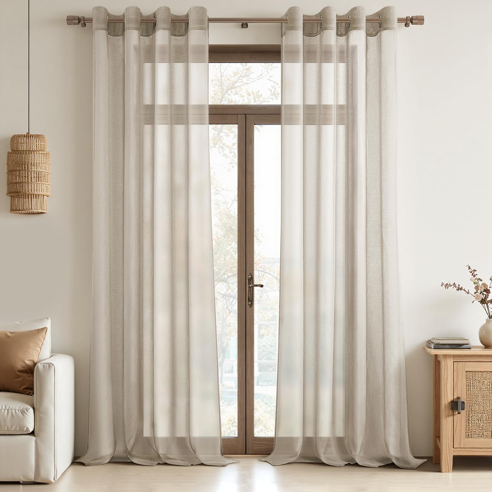MRTREES Voile Curtains, Semi-Transparent, Short with Eyelets, Scarf Curtains in Linen Look for Living Room, Bedroom, Children's Room, Biscuit, 280 × 140 cm (H×W), Set of 2 — image 1