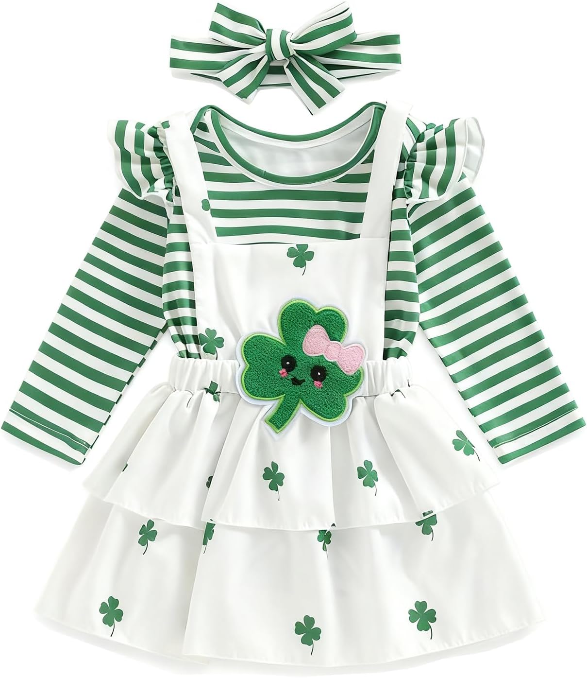 Thorn Tree St Patricks Day Baby Girl Outfit Long Sleeve Romper Onesie Suspenders Skirts Bow Headband 3Pcs Outfits Clothes