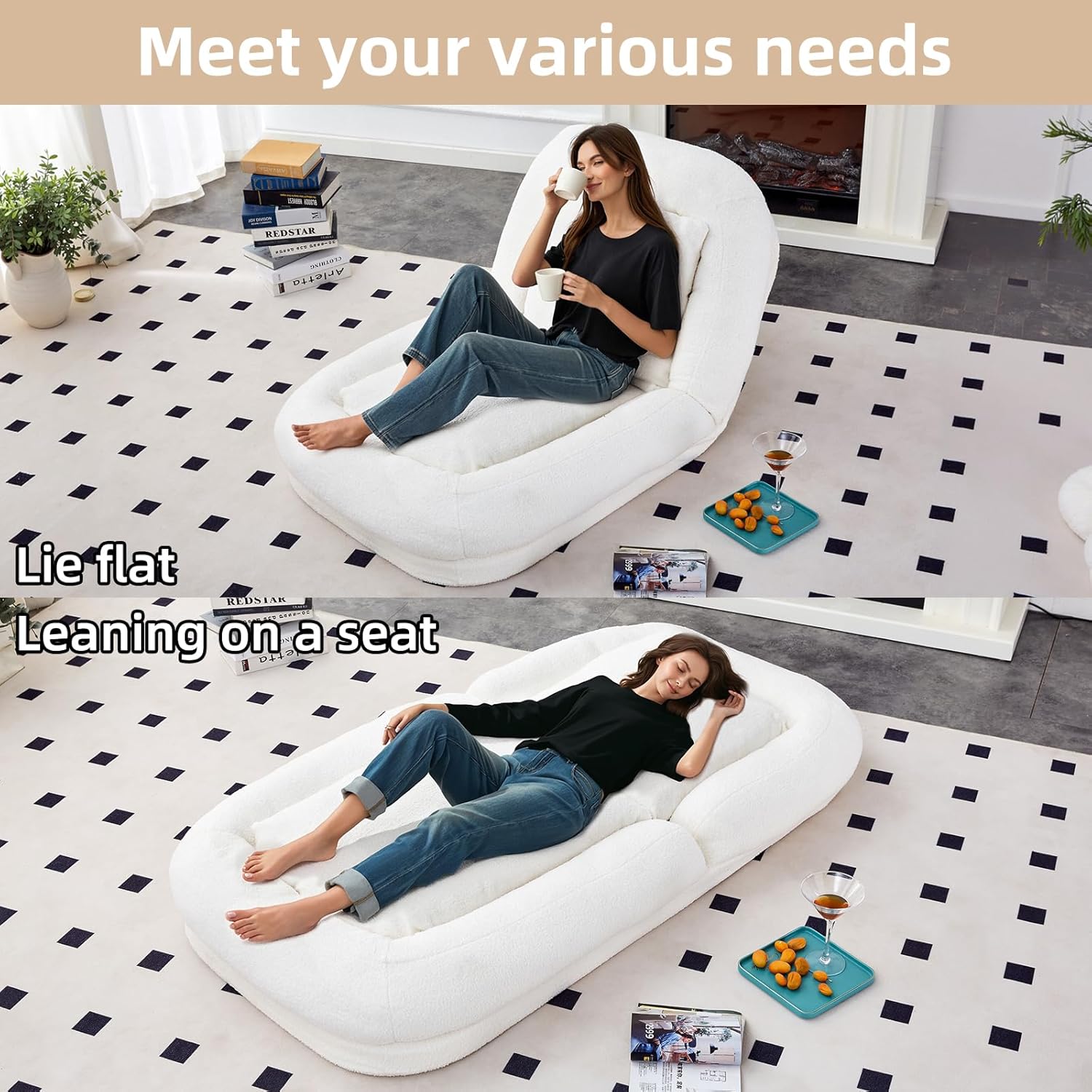 Foldable Human Dog Bed for Adult, Lazy Sofa Bed with 5 Adjustable Positions, Metal Folding Lazy Sofa for Living Room Bedroom (White(Teddy Velevt))