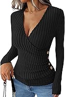 ANRABESS Women's Long Sleeve V Neck Ribbed Knit Sweater Slim Fit Wrap Top Fall Fashion 2025