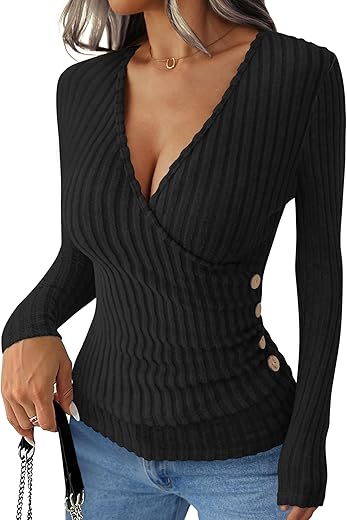 ANRABESS Long Sleeve Shirts for Women Sexy Sweater V Neck Ribbed Knit Slim Fit Wrap Top 2025 Fall Casual Fashion Clothes