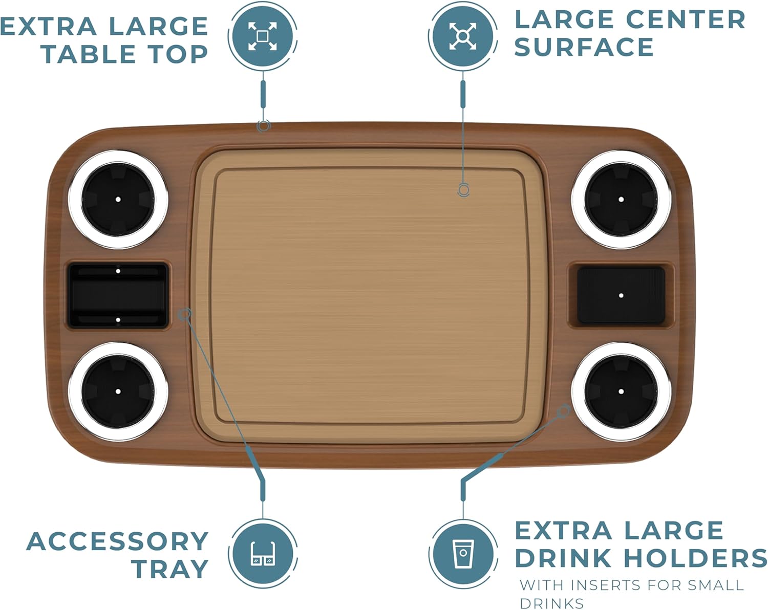 Manufacturers' Select ITC Boat Table Set - 18"x34" Removable Pontoon Boat Table with Center Non-Slip Mat, Pedestal Leg, 4 Drink Holders, & 2 Phone Stands (Cinnamon, Silver Leg, Saddle Brown Mat)