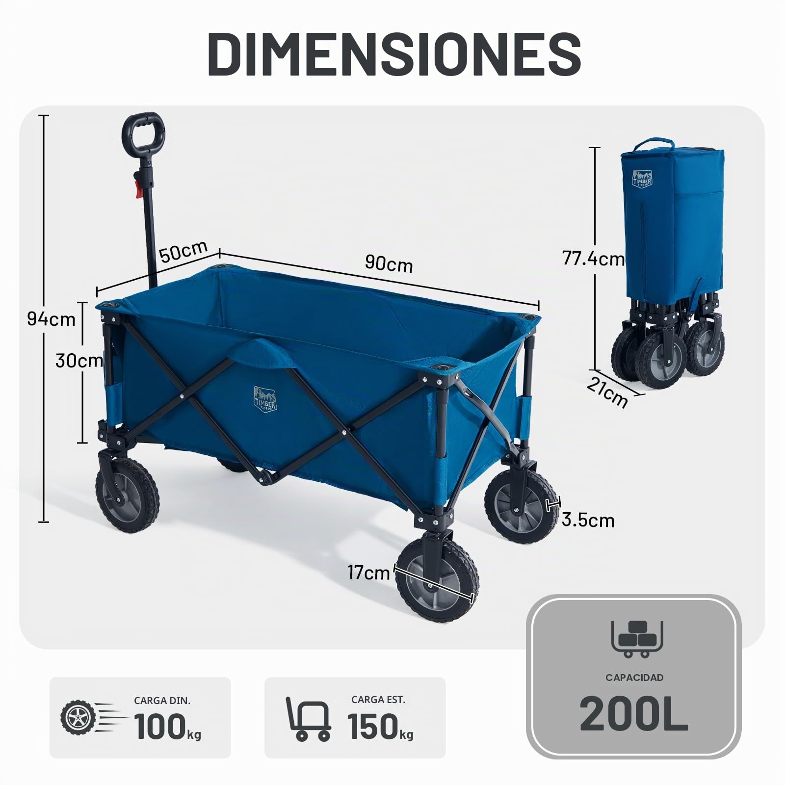 TIMBER RIDGE Carro Playa Carrito Plegable Transporte para Jardín Playa Campaña Compra al Aire Libre, Carreta con Bolsa de Cubierta Mango Ajustable hasta 100kg