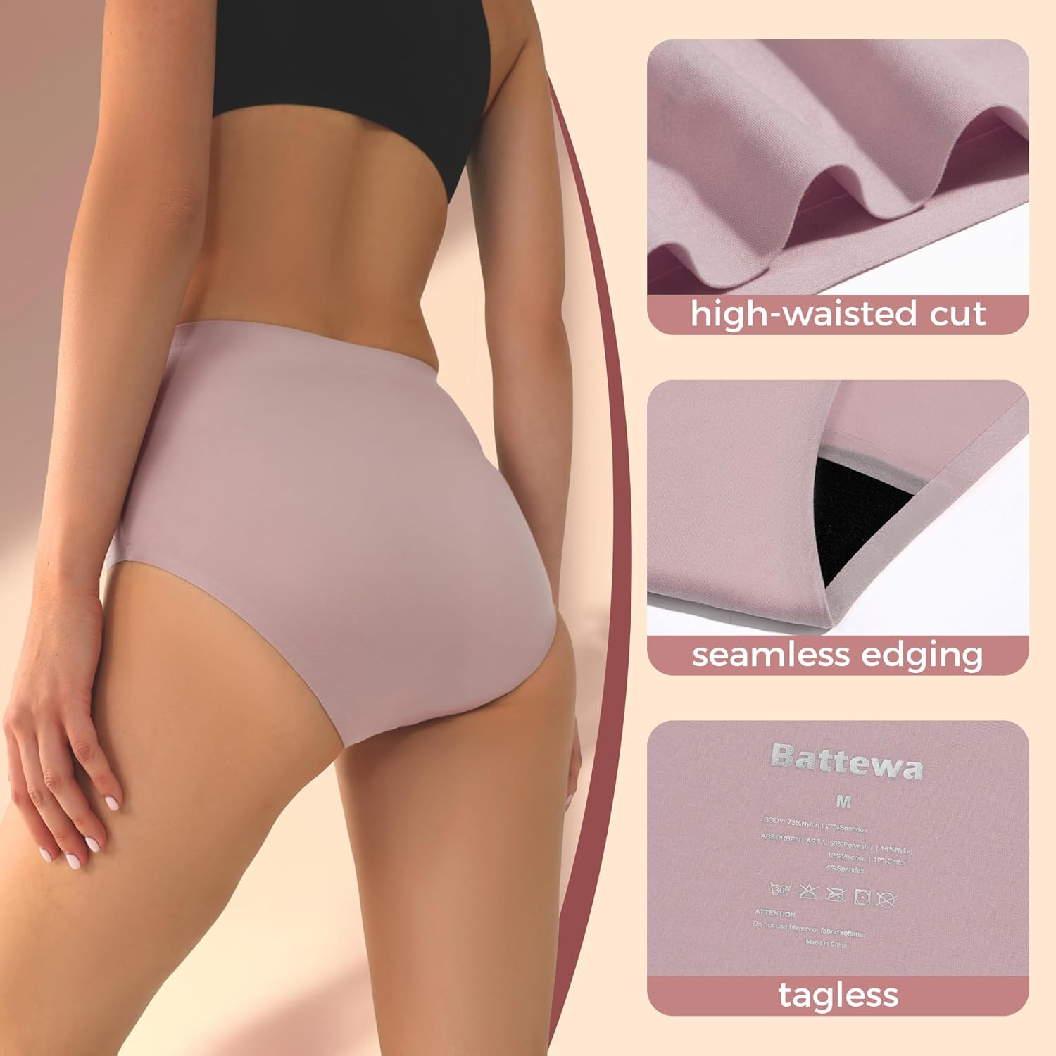 BATTEWA Incontinence Underwear for Women Washable, Leak Proof Underwear High Absorbency, Bladder Leak Underwear Protective Briefs, Seamless Panties 50ml, 3 Pack (Blush, Large) - Image 3