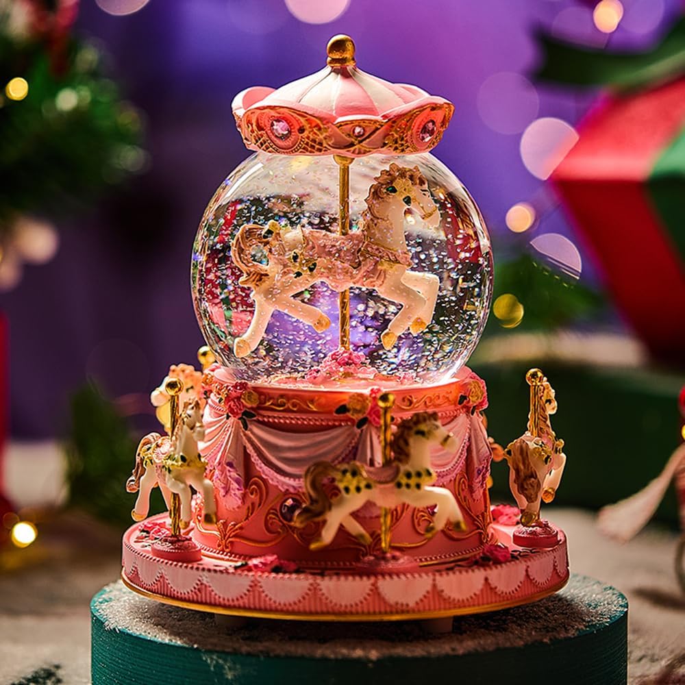 Gift Wrapped Carousel Music Box Rotating Snow Globe Light-Up Pink Unicorn Design, Decorative Merry-go-Round Musical Box with Gift Packagings Christmas Birthday Gifts You are My Sunshine - Image 6
