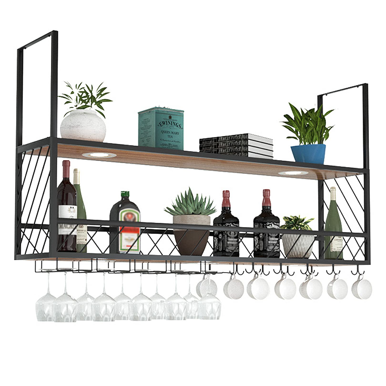 Casier à vin suspendu en métal à 2 couches avec étagère et support verre pour bar de salon
