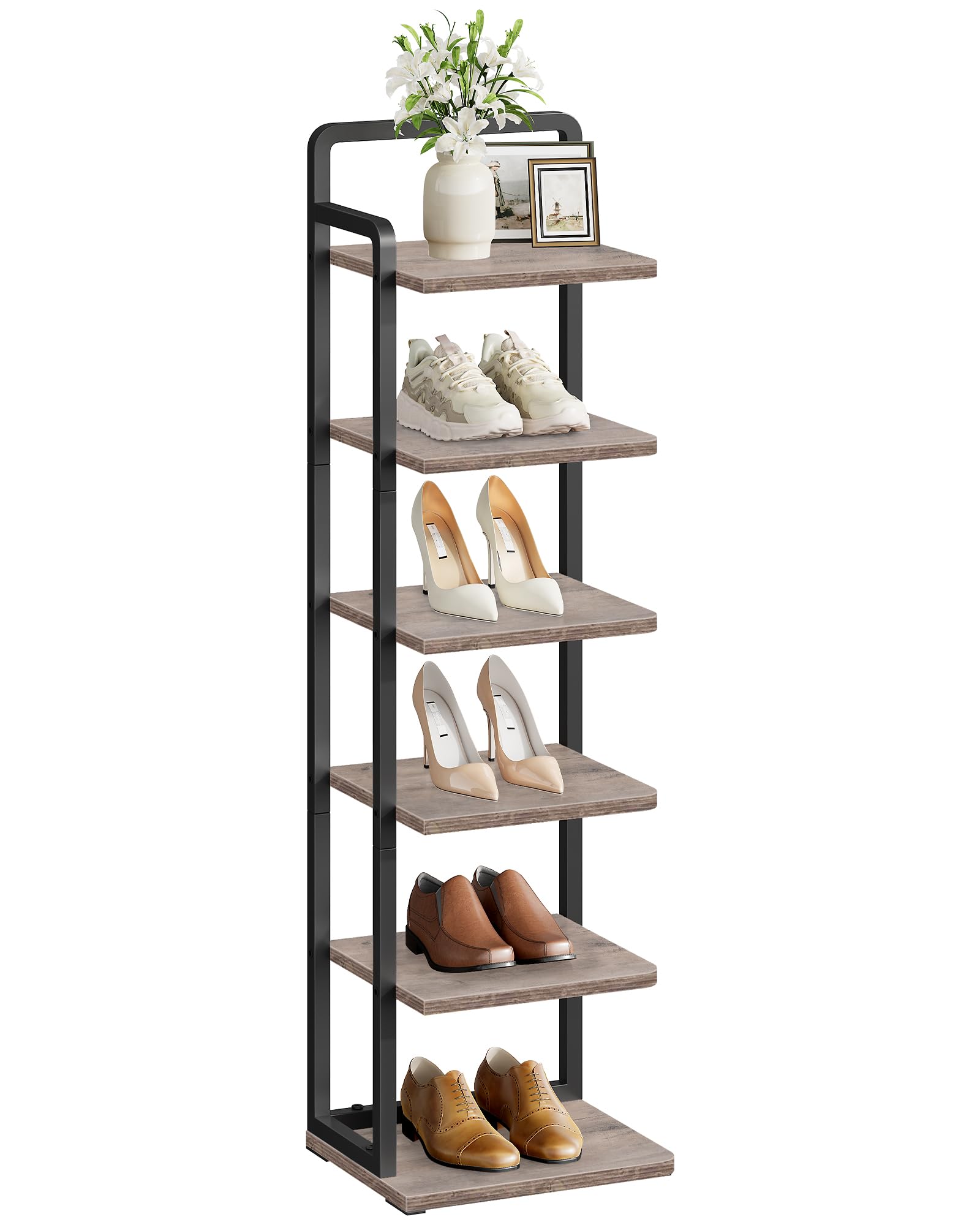 CHOEZON 6-Tier Vertical Shoe Rack, Narrow Shoe Tower, Corner Shoe Storage Organizer, Shoe Shelf, for Small Spaces, Industrial Style, for Entryway,