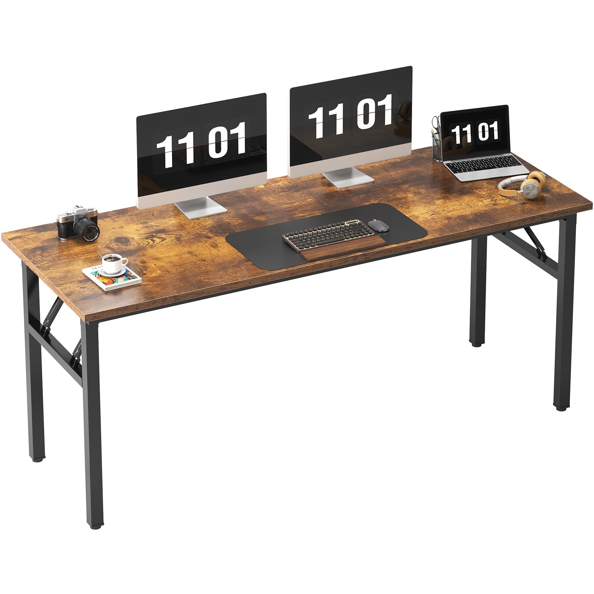 need large computer desk, 62 inches long office desk, no install needed folding table writing table workstation for small space, rustic brown