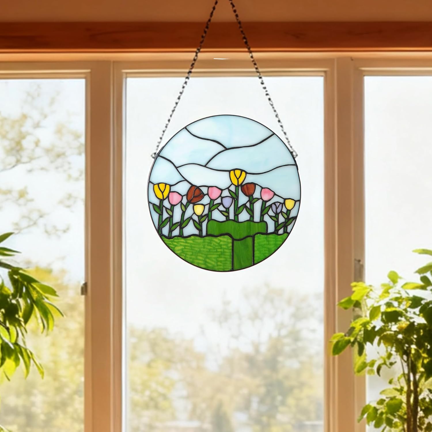 SW Tiffany Style 12" Round Stained Glass Window Haning Suncatcher Panel with Yellow Pink Red Tulip Floral, Decorate Window Door Wall, Sweet Gift for Housewarming Birthday Mother's Day New Year Xmas