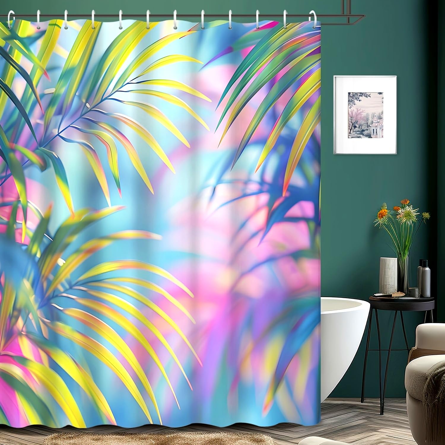 awitufhgp Tropical Palm Leaves Shower Curtain, Water-Resistant Polyester Bathroom Decor with Hooks, for Home, Hotel, Apartment(90x200cm/35x79in(WxH))