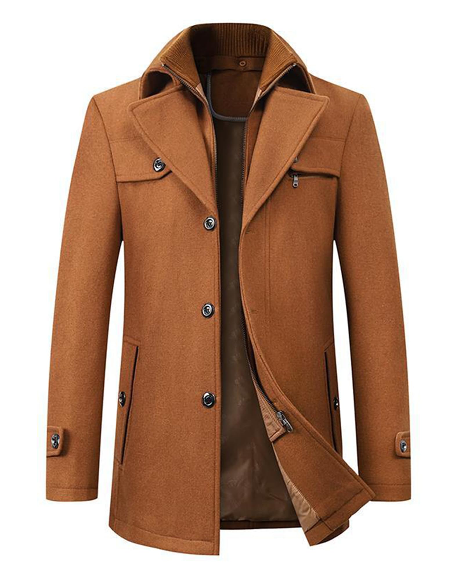 Cromoncent Men's Wool Blend Coat Solid Color Single Breasted Peacoat, Khaki, Medium