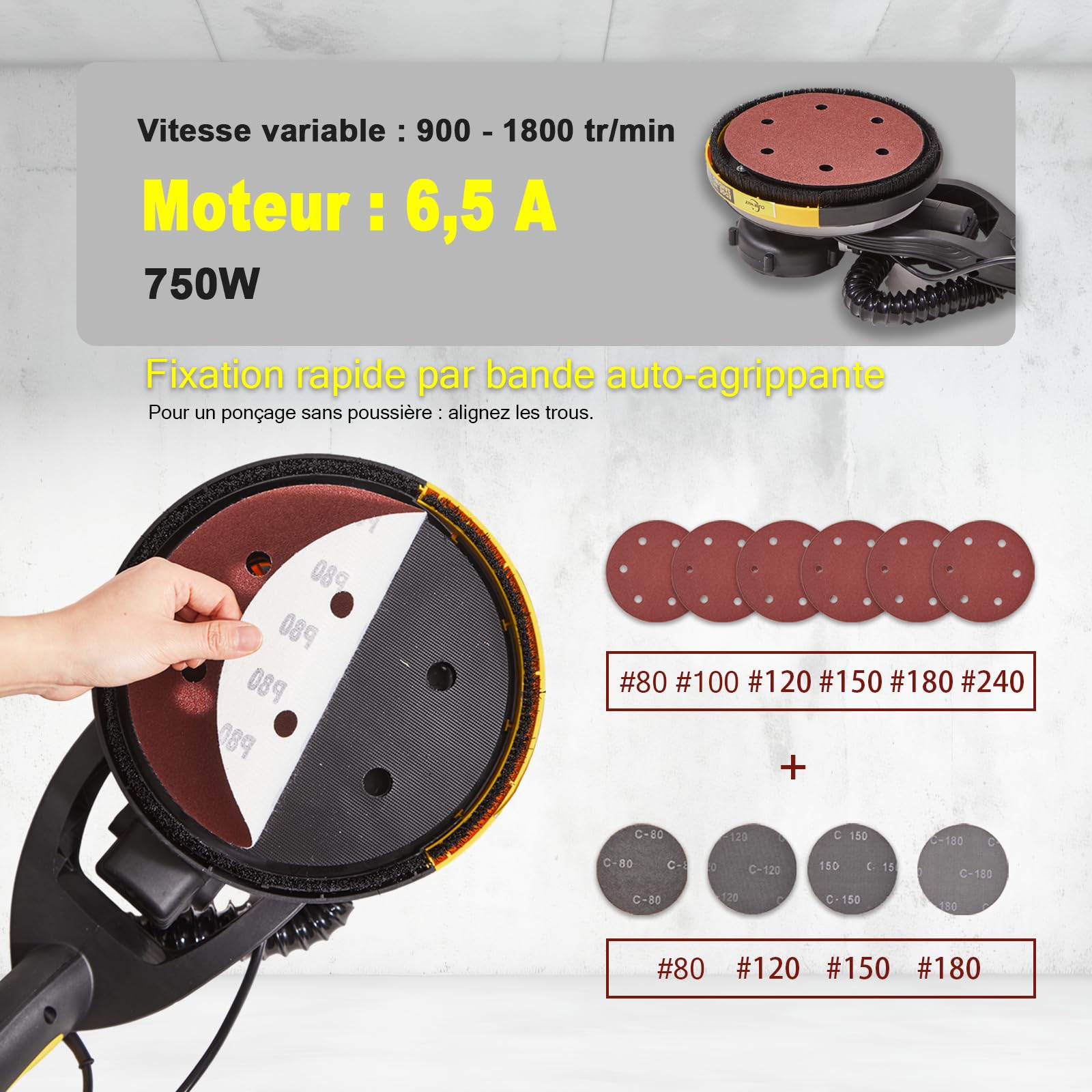 Ponceuse Girafe, Girafe Ponceuse 750W, LED Poignée télescopique Moteur, 7 Niveaux Vitesses 1800RPM Vitesse avec Dépoussiérage Automatique