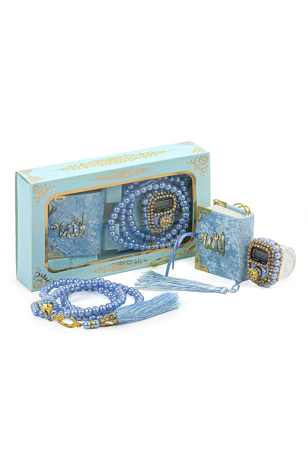 ihvan online Mini Velvet Quran Set with Islamic Finger Counter, Portable Digital Tasbeeh, Muslim Prayer Beads, Pearl Zikirmatic Beads, 3 Pieces Gift Set for Mevlüt (Blue)