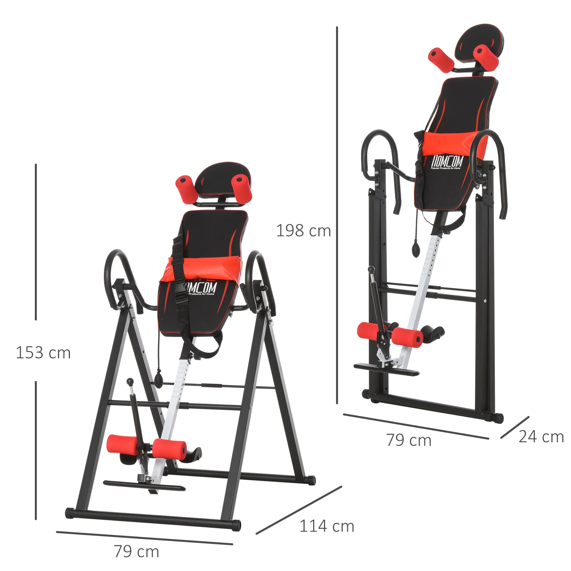 HOMCOM Panca a Inversione con Angolazione e Altezza Regolabile e Poggiatesta, Panca Inversa in Acciaio e Plastica, 79x114x153 cm, Rosso e Nero