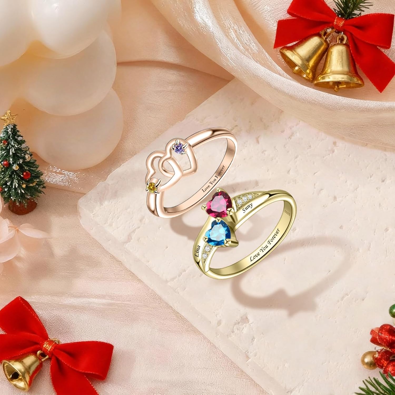 925 Sterling Silver Personalized 2 Birthstones Rings for Women Custom Name Engraved Couple Promise Ring Engagement Wedding Birthday Gifts for Wife Mom Grandma