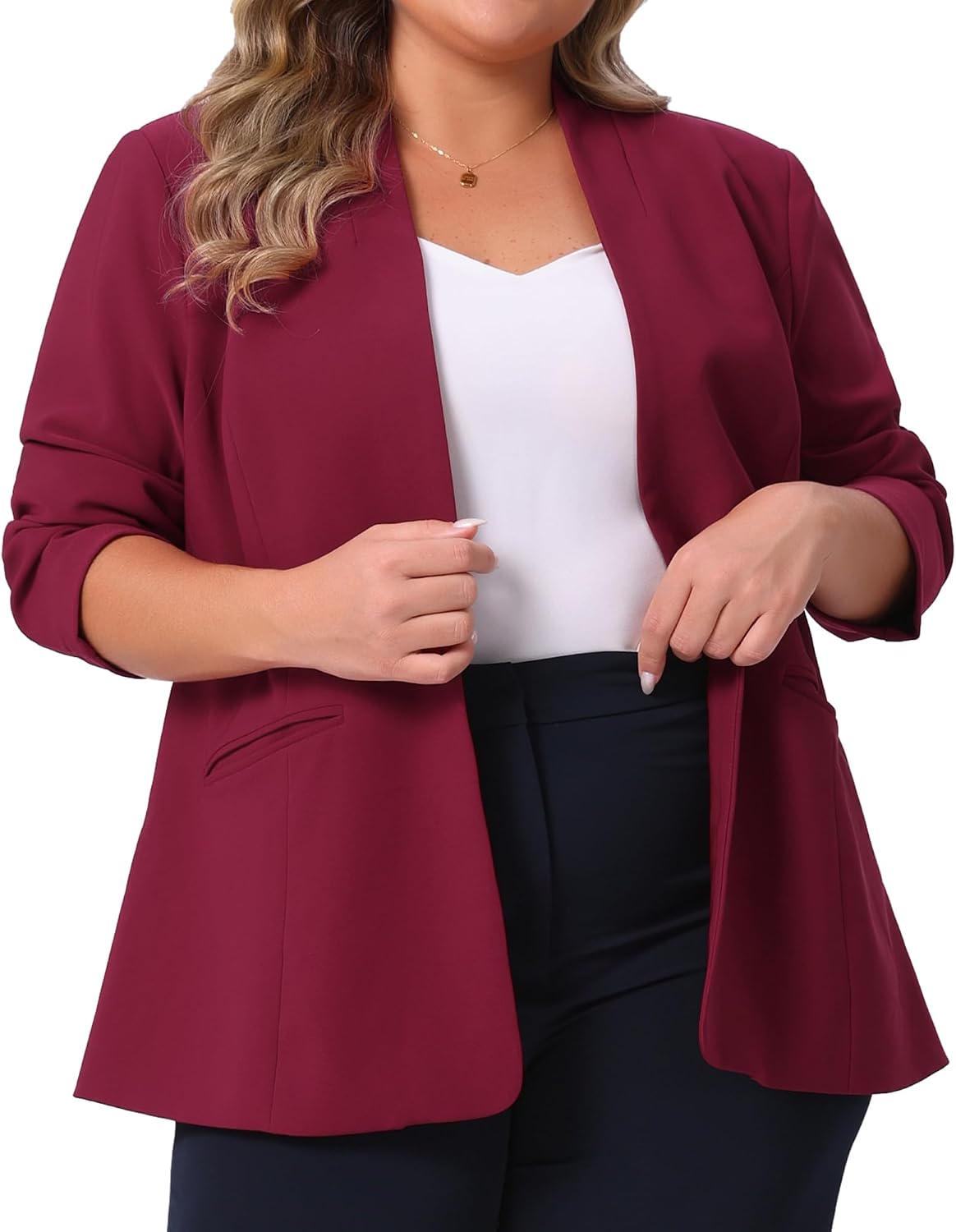 Agnes Orinda Plus Size Women's Blazer Business Casual Collarless Open Front Long Sleeve Work Office Suit Jacket with Pockets