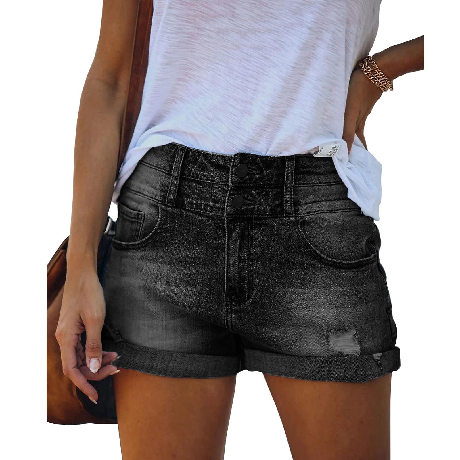 BichingdaCasual Denim Shorts for Women High Waist Frayed Hem Ripped Summer Jeans Short Hot Pants with Pockets