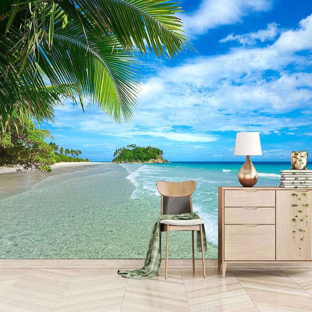 Papier peint plage et ciel bleu pour décoration salon 3D