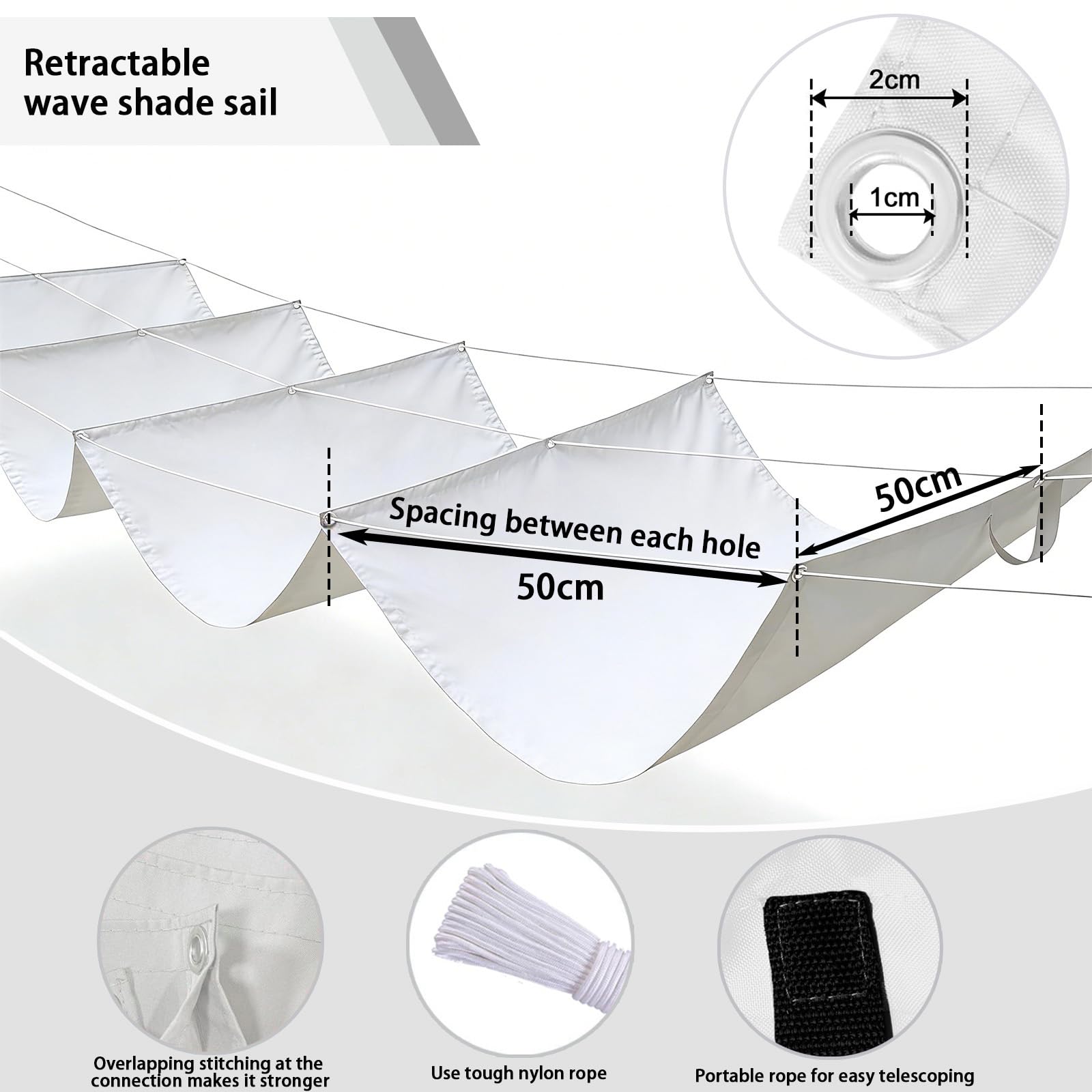 Wysuwany żagiel przesuwny, wodoodporny, falisty, do ogrodu, na balkon, biały, 50 x 200 cm, ochrona przed promieniowaniem UV, zadaszenie zewnętrzne, łatwa instalacja