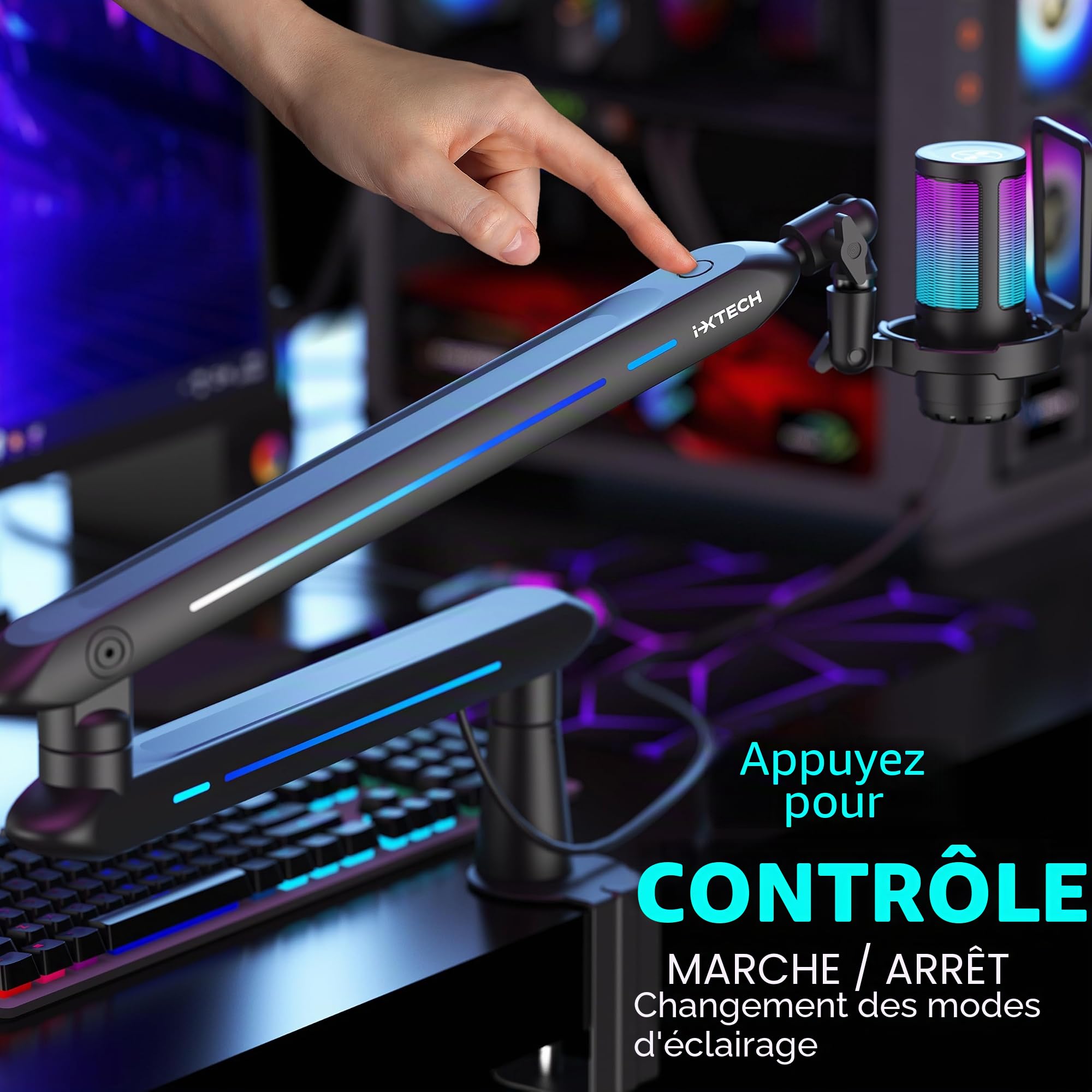IXTECH Bras de microphone RVB à profil bas, support réglable avec pince de bureau, rotatif pour gestion des câbles pour podcast, streaming