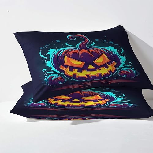 Miniatura 165 de Sábanas de Halloween tamaño individual – Juego de sábanas espeluznantes de calabaza murciélago para niños y niñas, juego de sábanas temáticas