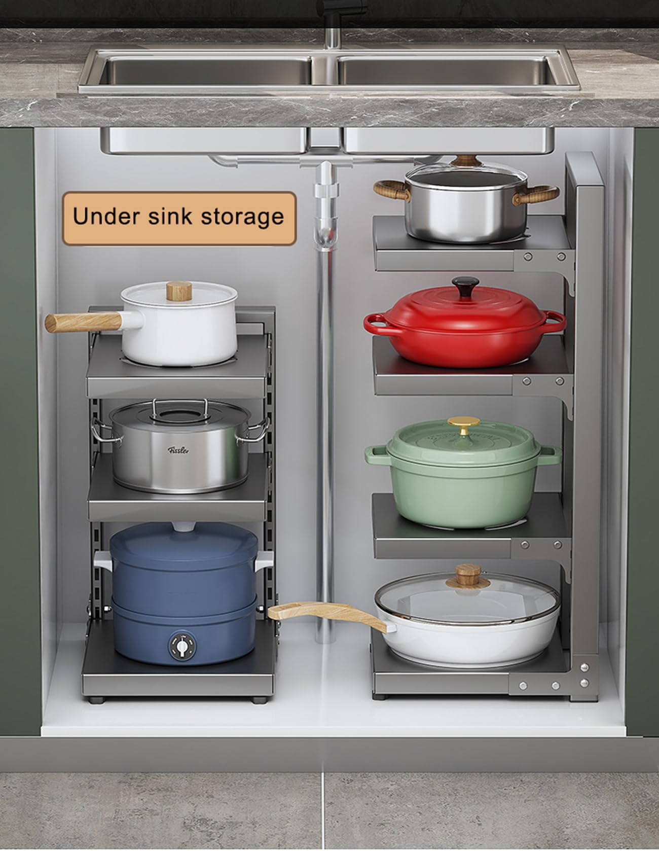 Porta Pentole Salvaspazio con Multistrato Scomparti Regolabili, Organizer Pentole E Padelle, Organizer per Pentole per Organizzazione E Conservazione della Cucina,Nero,3Tier