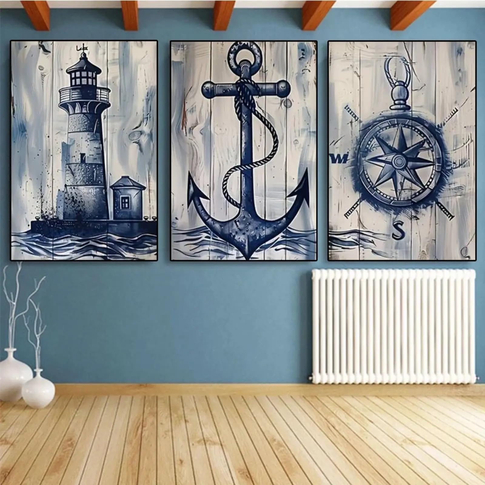 XINBAO Quadro su tela vintage con faro, ancora, barca a vela, bussola, tema marino, 3 pezzi, poster artistico per soggiorno, arredamento per la casa, 60x80cmx3 senza cornice