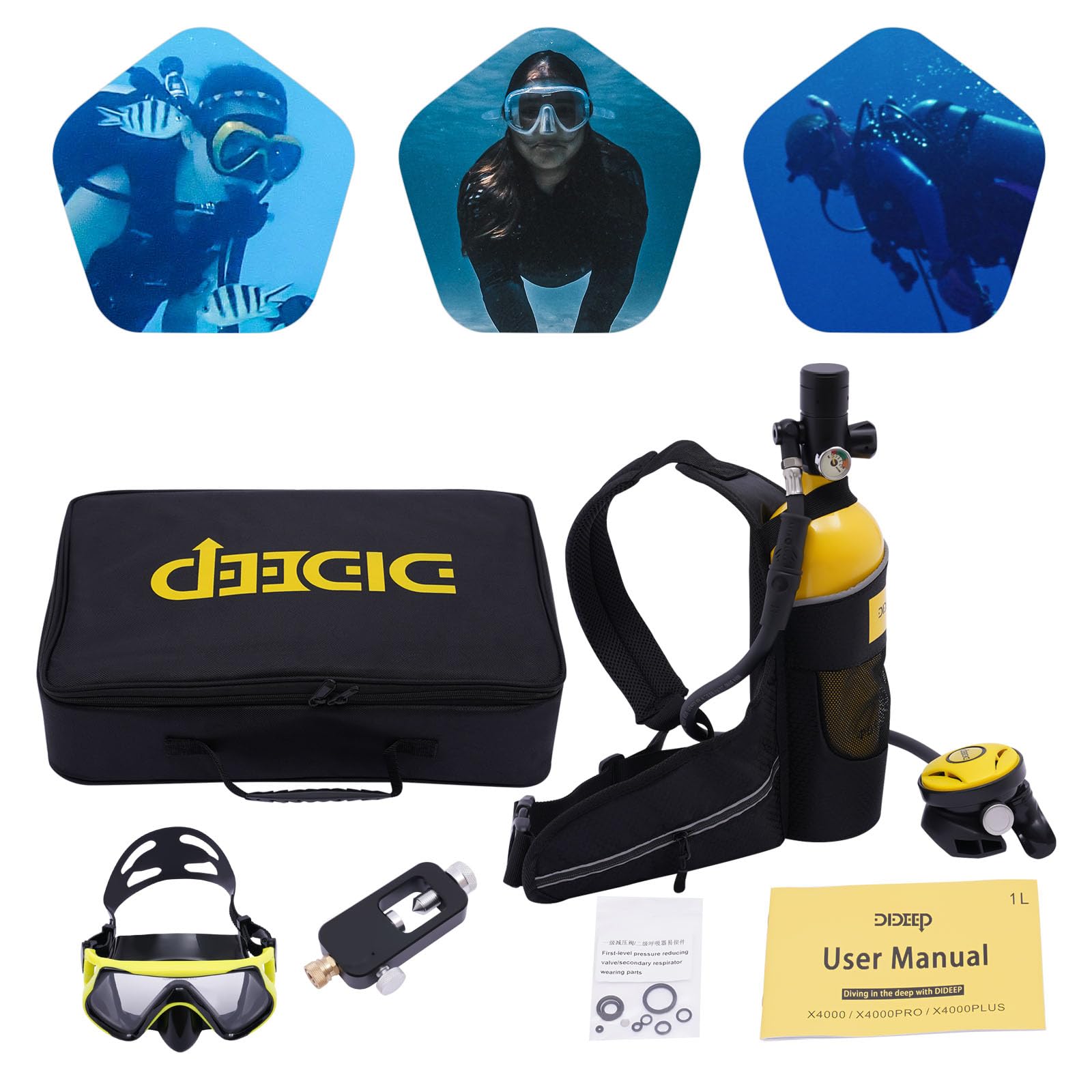 1L Tauchflaschen-Set, Tauchausrüstung mit Taucherbrillen Gurttaschen Adapter, Tragbares Tauchflaschen-Set für Urlaubstauchen, Unterwasserabenteuer und als Reserveluftquelle