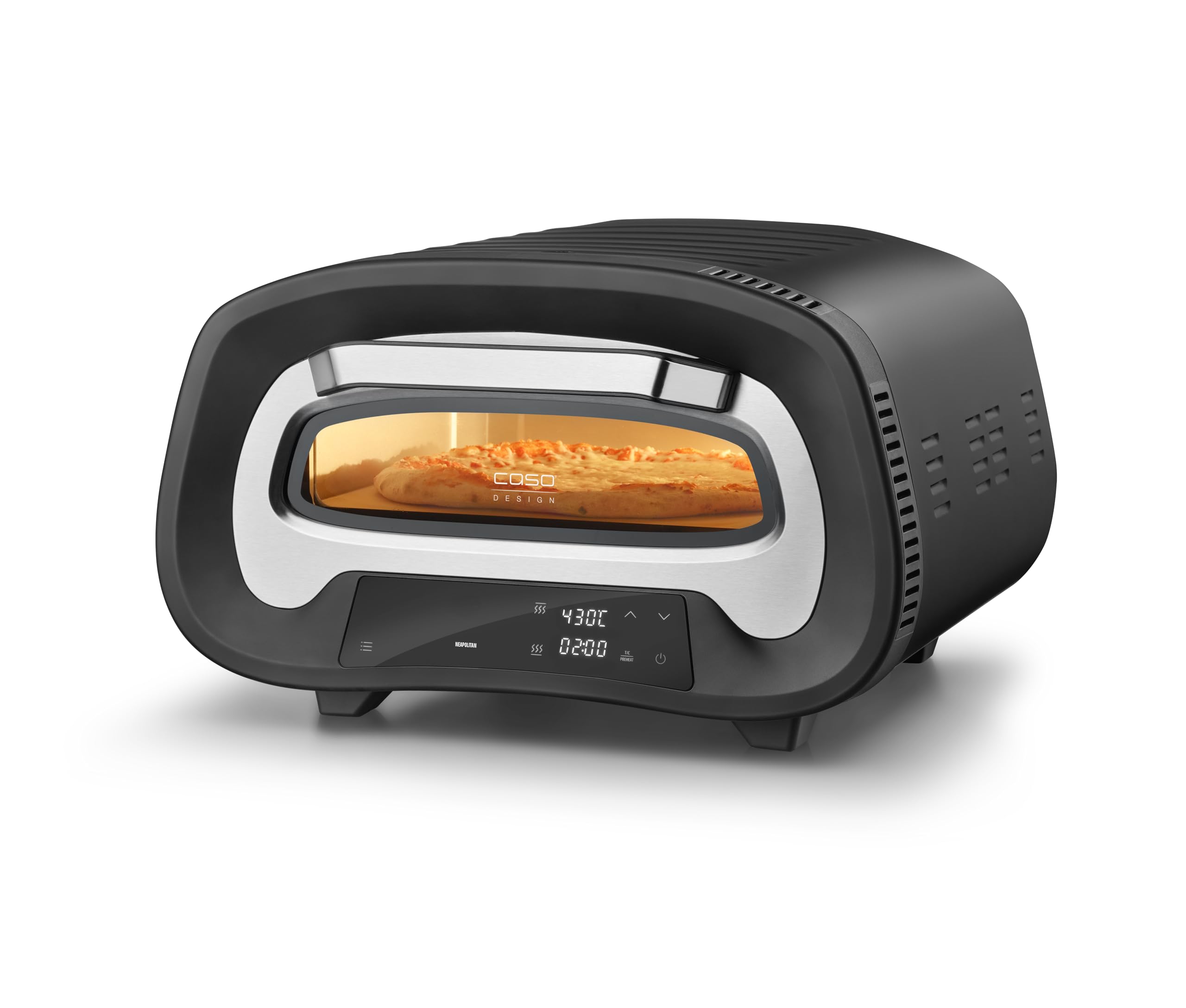 CASO PizzaChef 430° - elektrischer Pizzaofen, 80-430°C, mit Pizzastein | 8 Automatikprogramme, Cordierit Pizzastein (33x33cm), einstellbare Heizelemente, Innenraumbeleuchtung, Timer, Edelstahl