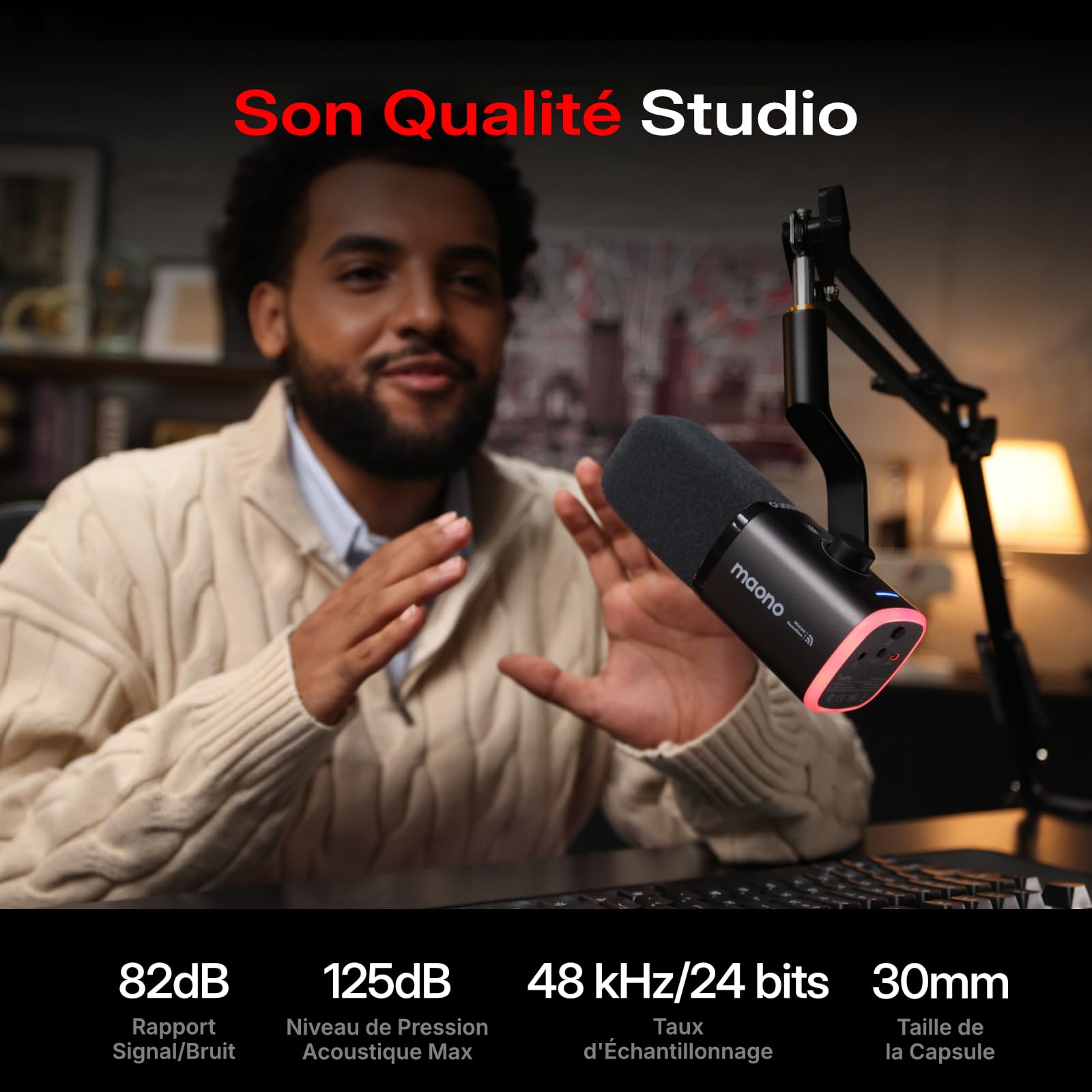 MAONO PD100W Microphone sans Fil/USB, Micro Gaming PC Dynamique avec Réduction de Bruit en Un Clic, Bouton Mute, RGB & Logiciel Dédié. Idéal pour Le Streaming, Le Enregistrement & l’Podcast. Noir
