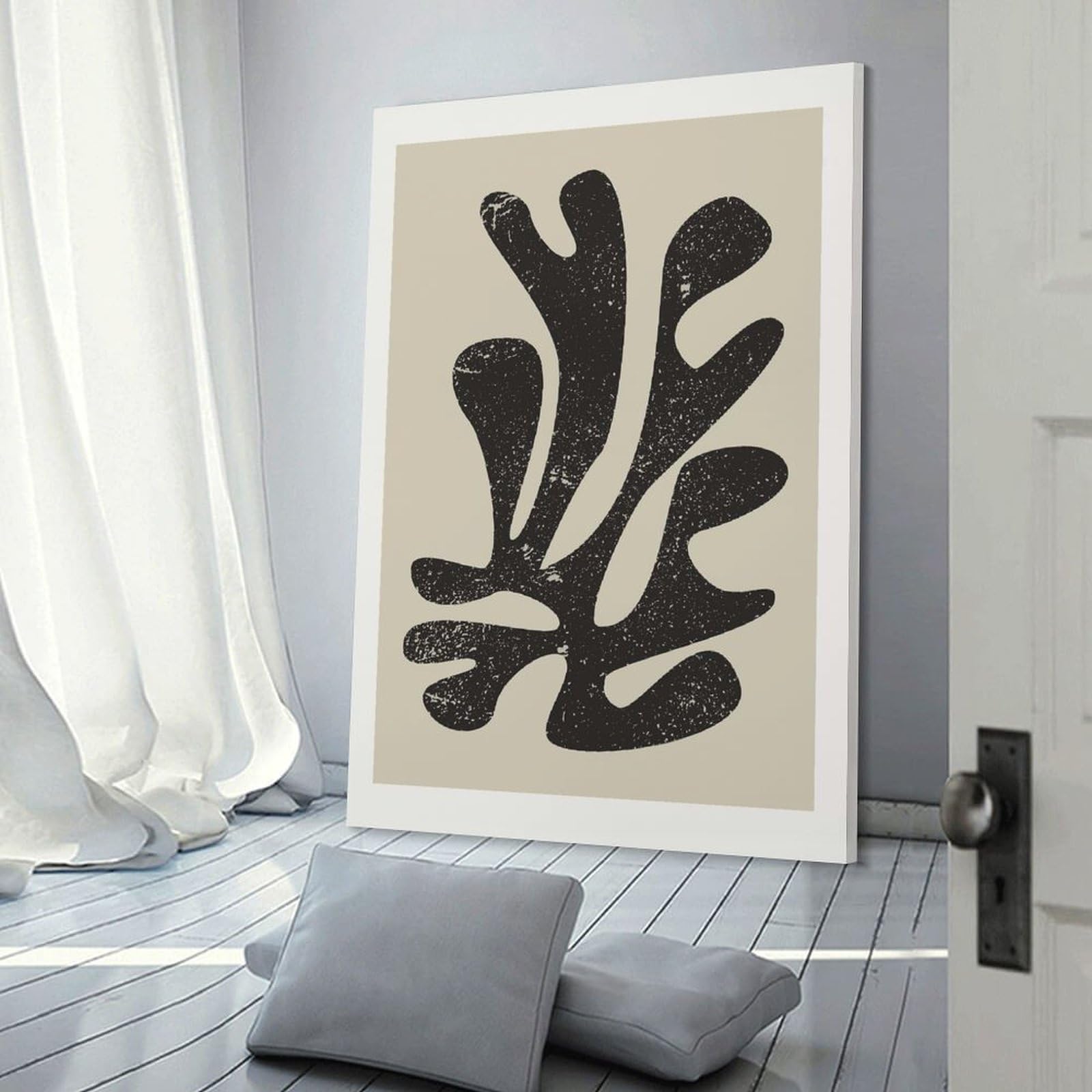 Junmoney Black Leaf Shape on Beige Background Decorative Canvas Print 16x24inch(40x60cm), for Gallery Wall Layouts in Home Or Office, Home Wall Art for Statement Displays
