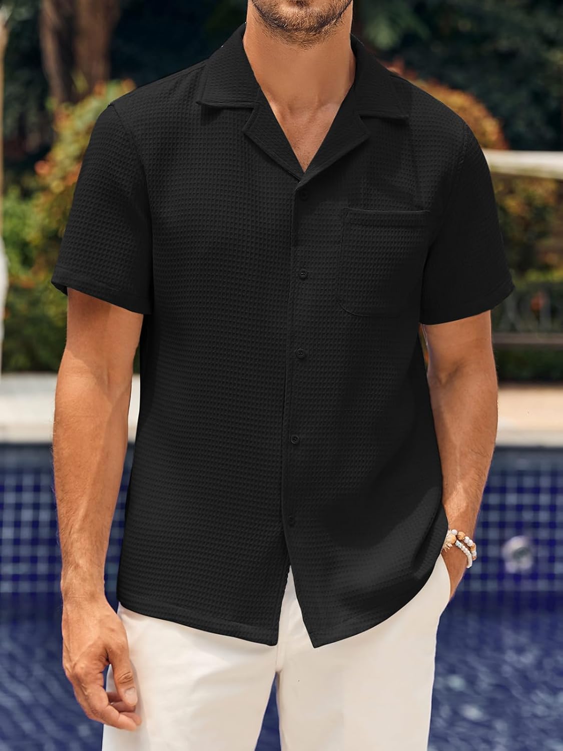 Mens Waffle Button Down Shirt Short Sleeve Loose Fit Cuban Summer Beach Plain Tops - Image 2