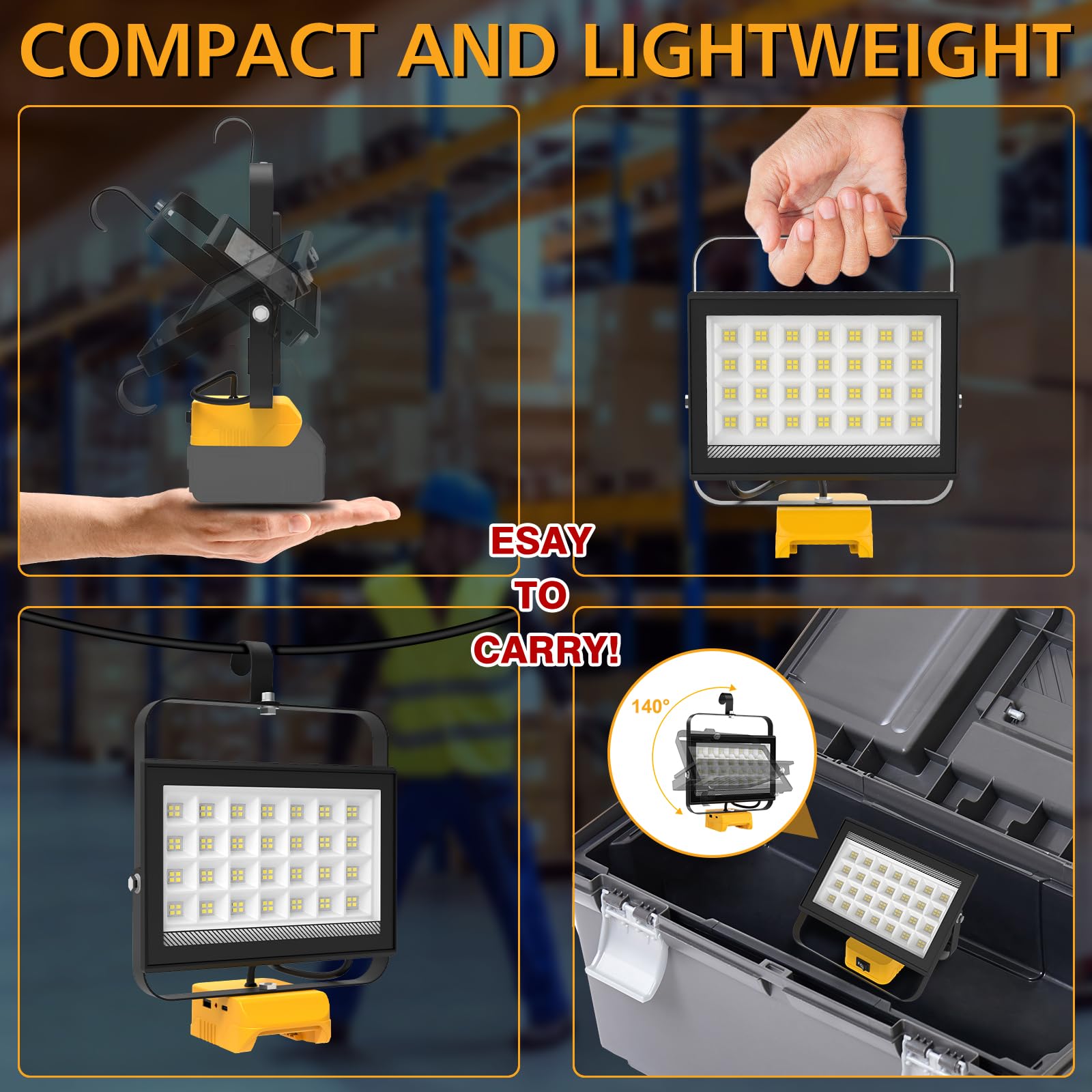 Foco LED Recargable Compatible con Dewalt Batería 18V, T-SUNUS 100W Luces de Trabajo Portátiles 2 Brillos, USB-C Recargable para Acampar Garaje Emergencia Obra 2 Piezas(Sin Batería)