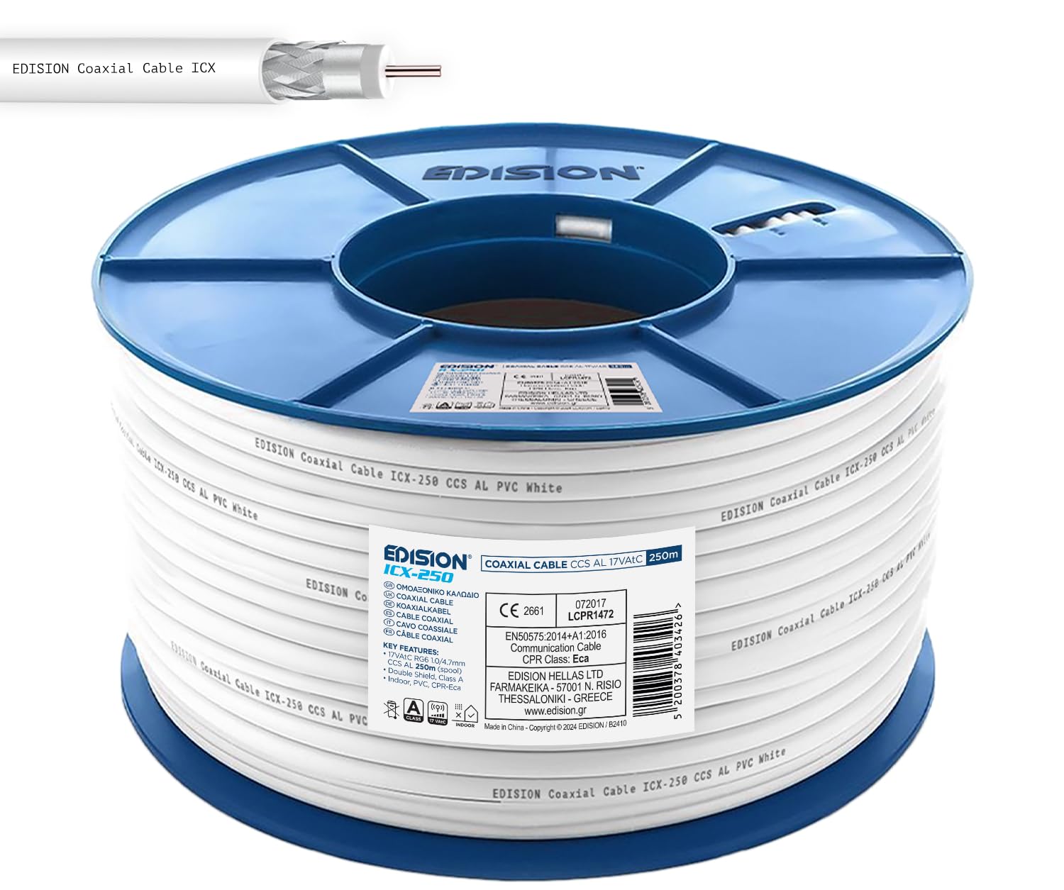 EDISION ICX-250 kabel koncentryczny 250 m, wewnętrzny kabel antenowy telewizji SAT PVC, biały, miedziana stal CCS/AL, 17 VAtC, CPR Eca, klasa A, kabel SAT, do DVB-S2, DVB-T/T2, DVB-C, RADIO, cewka z