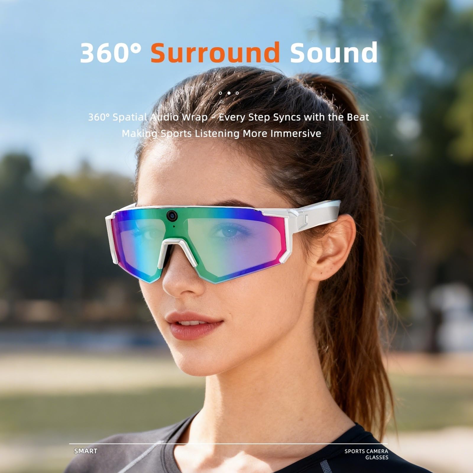 Gafas Inteligentes de Ciclismo con Inteligencia Artificial, Lentes de Sol Inteligentes con Bluetooth, Control de Voz, reconocimiento de Objetos (Blue Lens+White Frame)