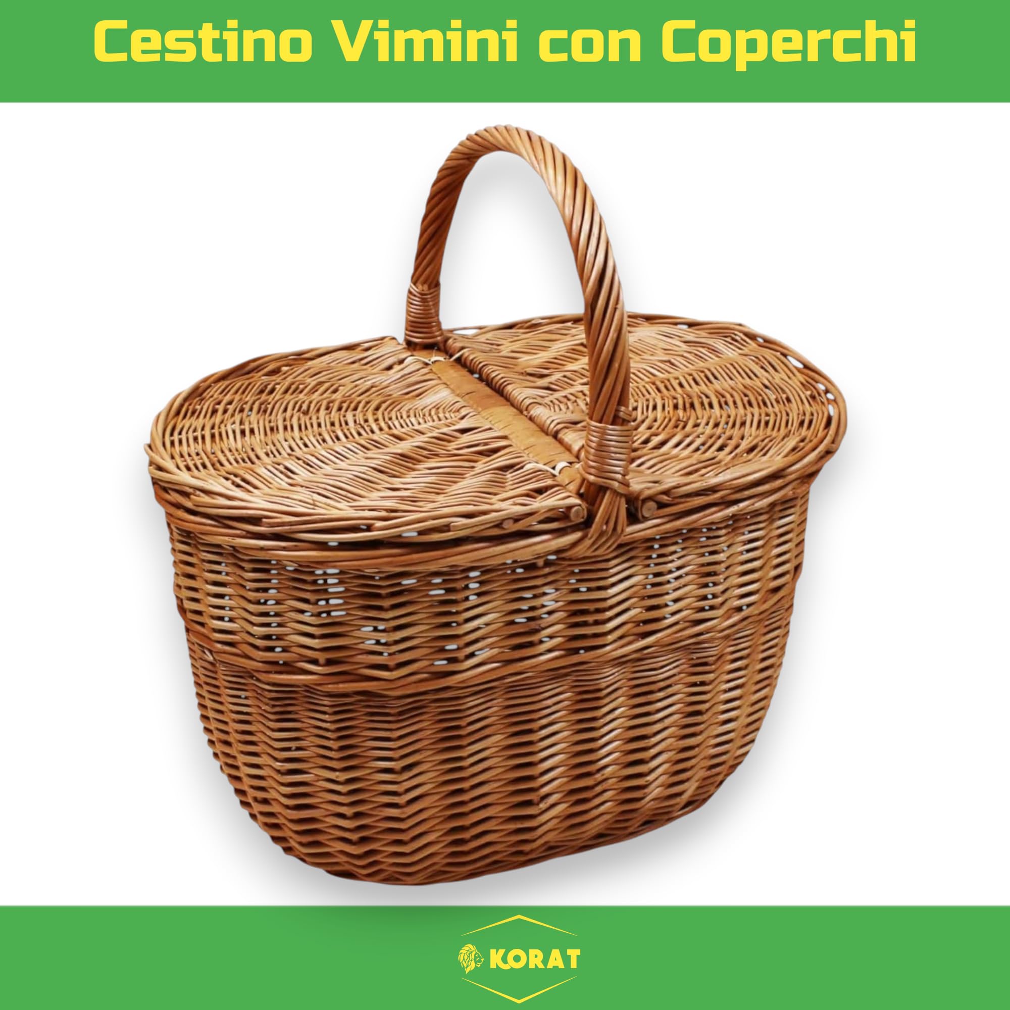 KORAT - Cestino Picnic in Vimini con Coperchio Doppio Apribile, Cesto Porta Funghi e Picnic, Manico Robusto, Vimini Naturale, 40x32x37 cm