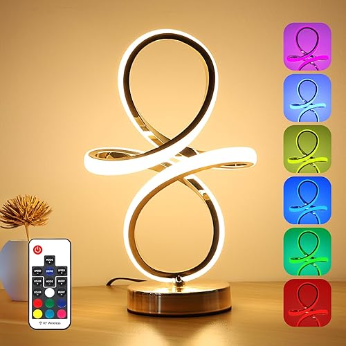 Lámpara de mesa moderna con control remoto RF, lámpara en espiral con 7 colores y 20 modos de luz RGB LED, lámpara de escritorio LED con control