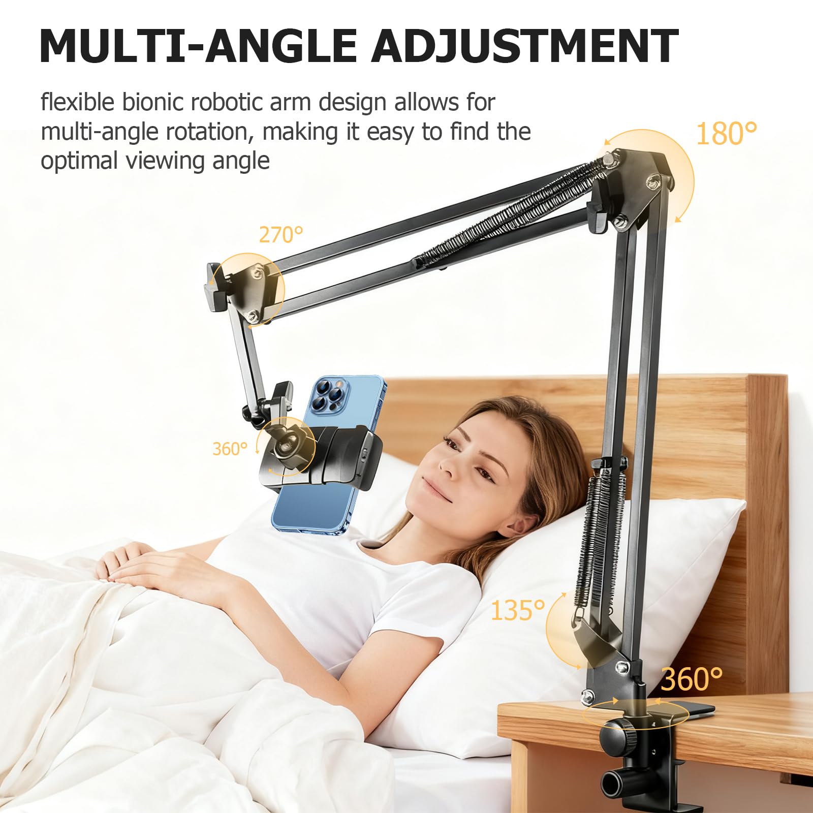 Support Telephone Lit, Support de Téléphone Portable avec Bras Articulé et Clip de Câble Porte de Téléphone Portable Flexible Bureau Bras Articulé Flexible pour Smartphone de 4 à 7 Pouce