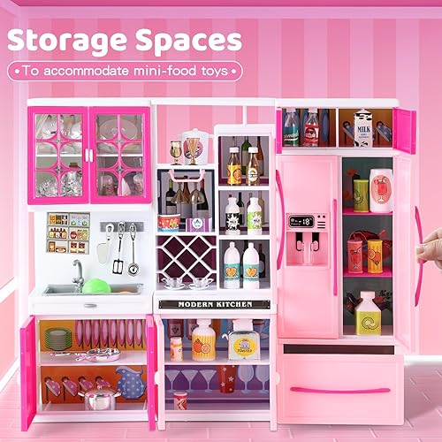 Miniatura 5 de 64 piezas de juguetes de cocina rosas con sonidos de luces, mini juegos de muebles de cocina para niños de 4 a 8 años, juguetes de muñeca para niños