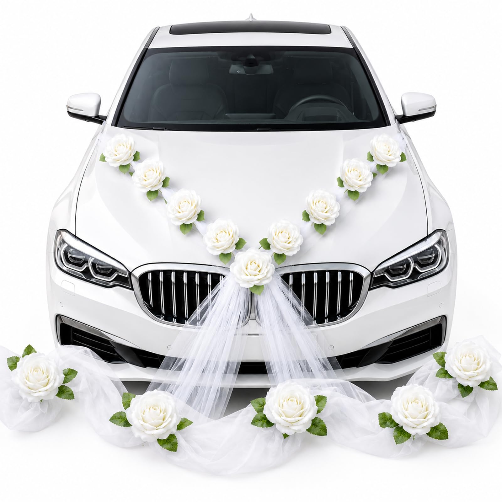 Décoration de voiture de mariage – Lot de 9 roses blanches avec ventouse, faciles à installer, réutilisables – Parfait pour mariage, demande en mariage, anniversaire de mariage